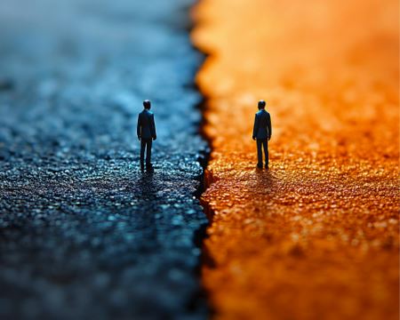 Two people standing on either side of a blue and orange divide, representing a different approach