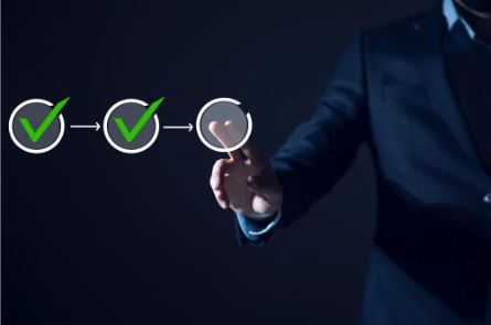 Businessman tapping a sequence of green checkmarks, representing a proven process